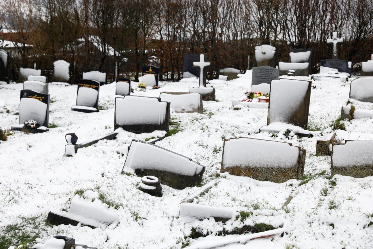 Snow covers a graveyard, after Storm Goretti's arrival amid a week of plunging temperatures, in Hayfield, Britain, January 9, 2026. REUTERS/Temilade Adelaja