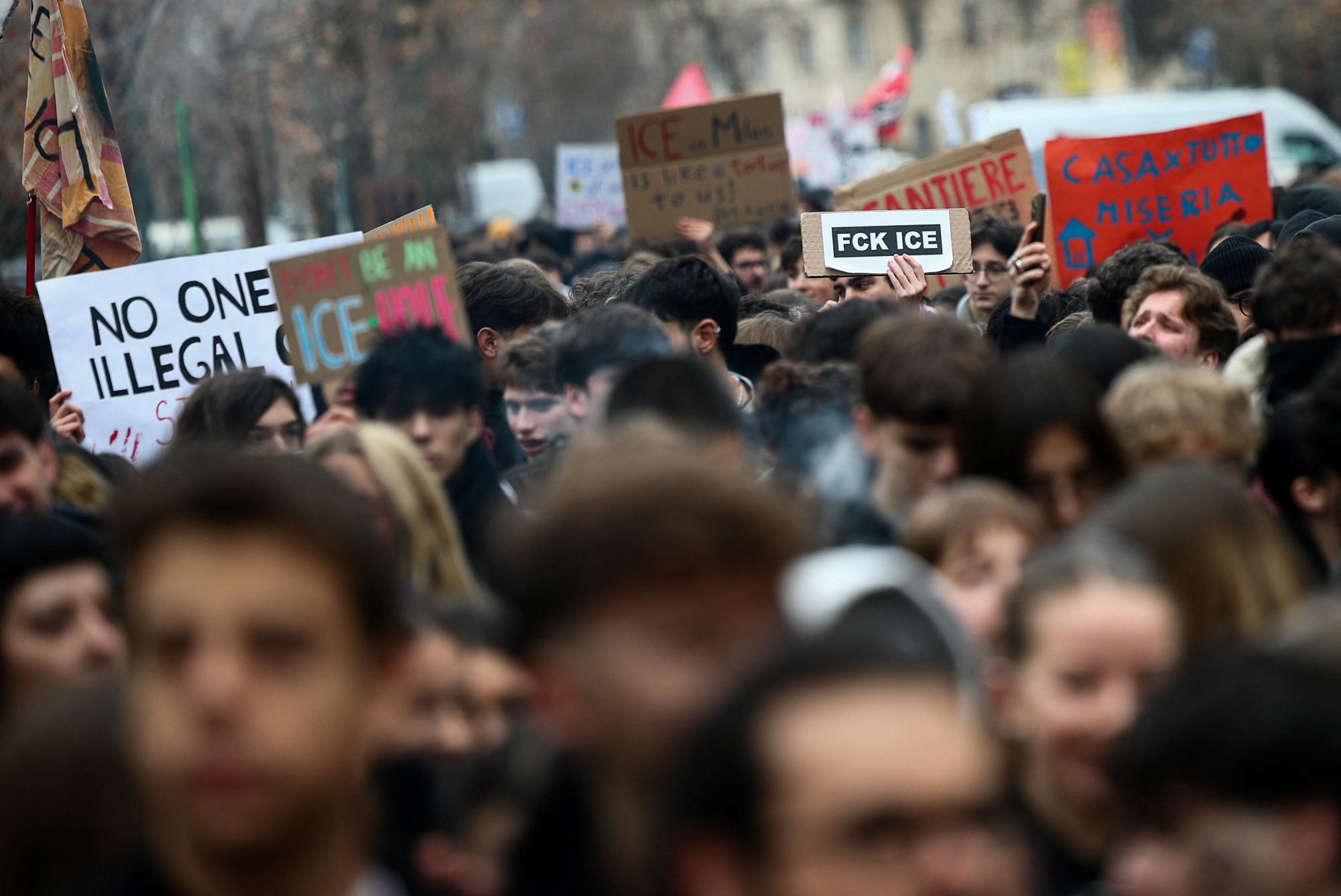 People protest against U.S. Immigration and Customs Enforcement (ICE) personnel who will help protect U.S. delegations at the Milano Cortina 2026 Winter Olympics, in Milan, Italy, February 6, 2026.    REUTERS/Guglielmo Mangiapane
