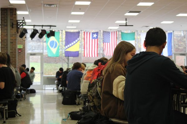During one of the three lunch shifts, students eat lunch in the LHS Cafeteria.