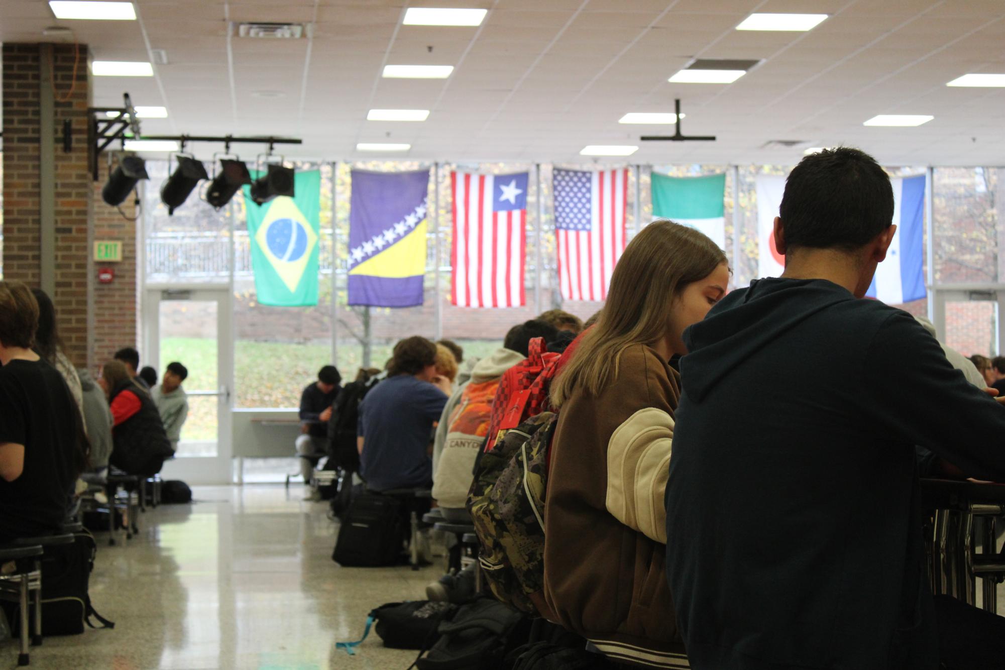 During one of the three lunch shifts, students eat lunch in the LHS Cafeteria.