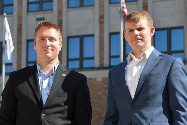 Mayor Chris Martin (left) poses with Deputy Mayor Jacob Pomasl (right) for an official picture. Pomasl will become the Mayor of Logansport once Martin departs on March 29. (City of Logansport)