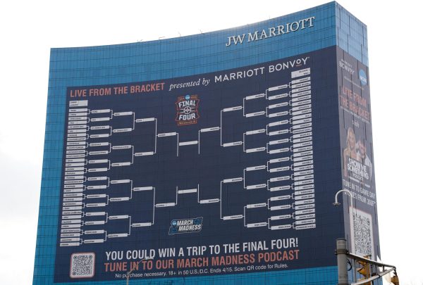 Apr 3, 2026; Indianapolis, IN, USA; A general view of the tournament bracket ahead of the Final Four of the men's 2026 NCAA Tournament in Indianapolis. Mandatory Credit: Robert Goddin-Imagn Images
