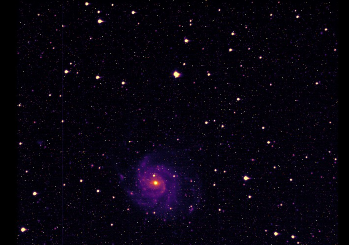A YouthAstroNet image of the Pinwheel Galaxy created using astrophotography and false-color imaging.