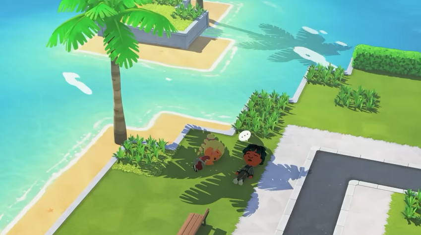 Two Mii characters lie together beneath a tree on the island in Tomodachi Life: Living the Dream. (Nintendo of America)