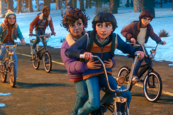 The gang is back together and riding their bicycles through Hawkins. Pictured left to right are Max, Lucas, Eleven, Mike and Will. (Netflix)