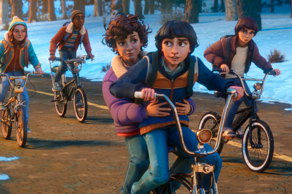 The gang is back together and riding their bicycles through Hawkins. Pictured left to right are Max, Lucas, Eleven, Mike and Will. (Netflix)